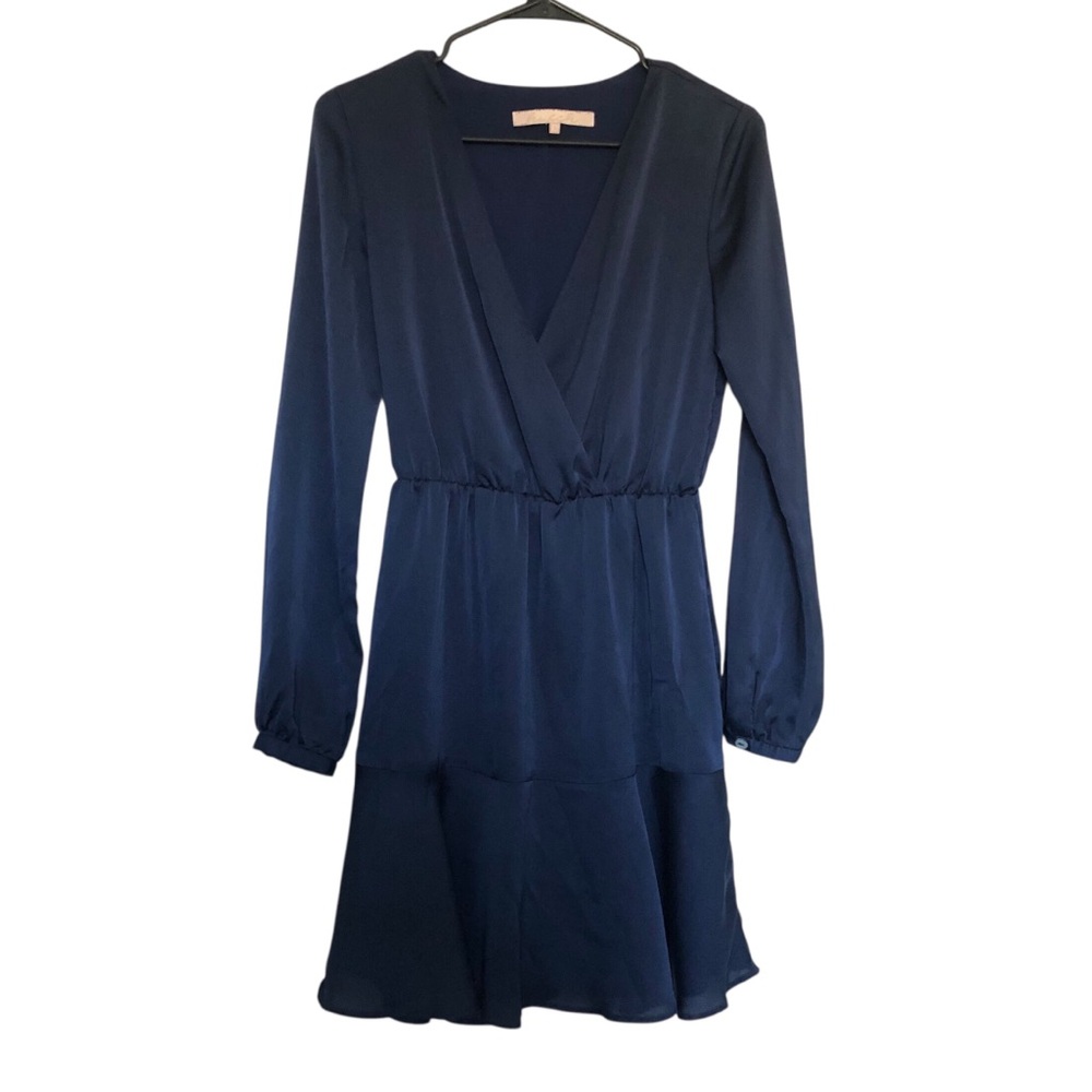 Hutch Mini Dress Long Sleeve Blue Satin Ruffle V Neck Small